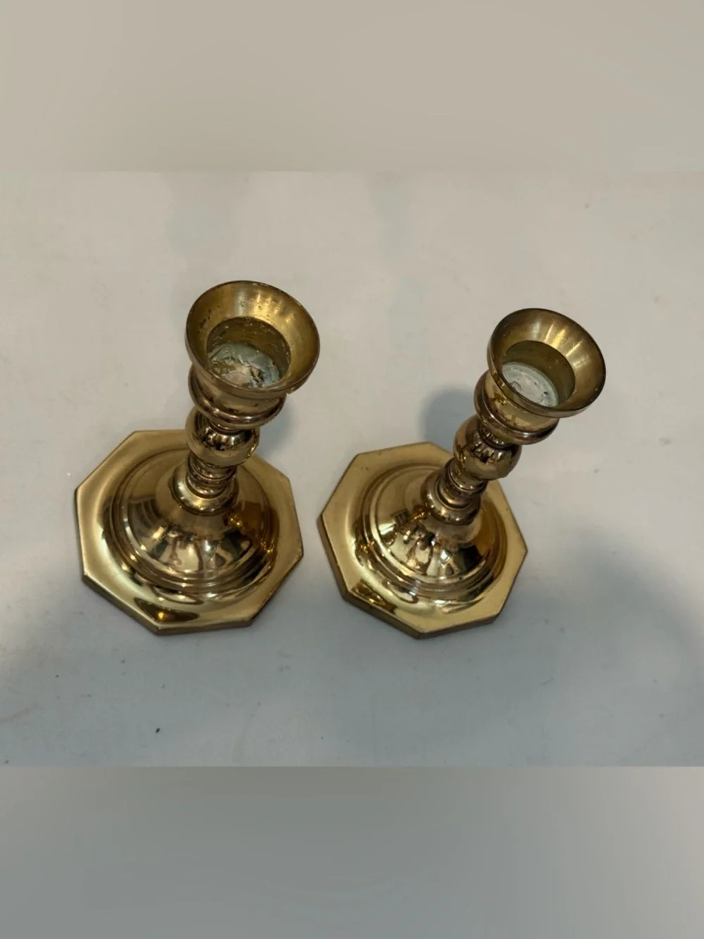 Vintage Octagon Base Pair Of Candlesticks  Polished Brass‎ 5” tall 3